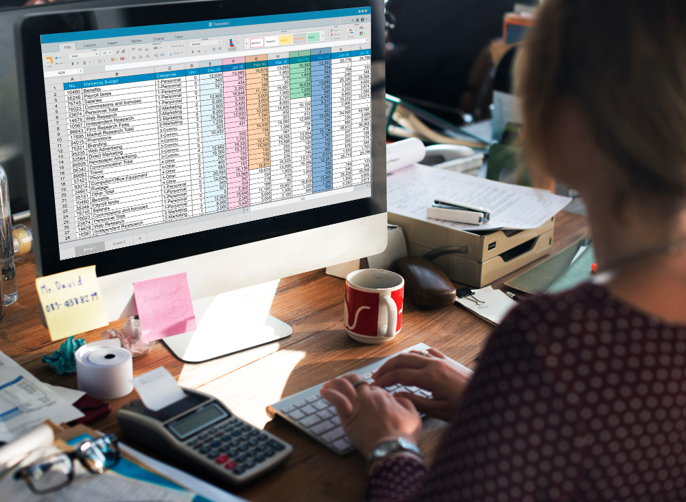 donna di spalle che lavora a un complesso foglio excel